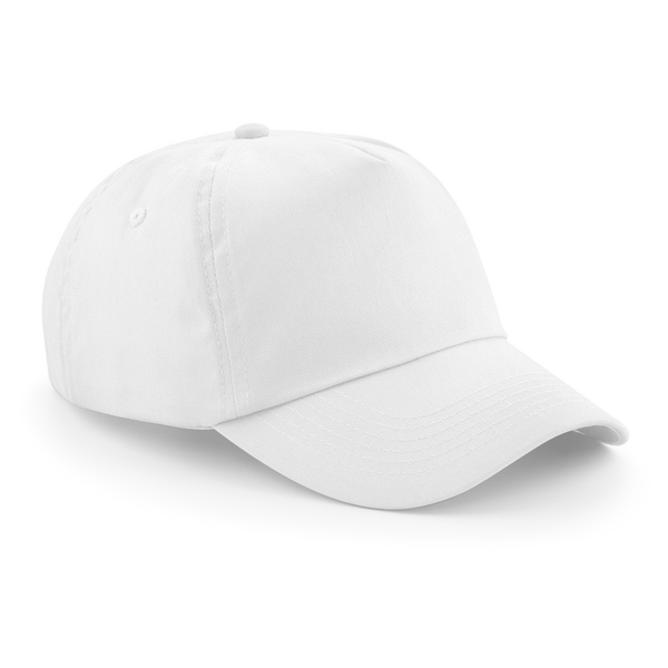 B10 blanca, gorra lisa de 5 paneles sobre fondo blanco