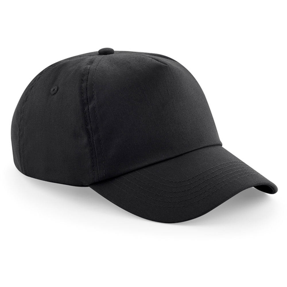 B10 negra, gorra lisa de 5 paneles sobre fondo blanco